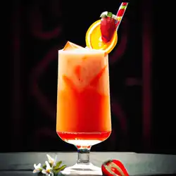 Une image de Un cocktail qui ensoleillera votre journée : le Soleil de Fraise 🍓🍊🍹 - image générée par IA (DALL-E)