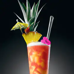 Une image de Coucher de soleil tropical, le cocktail parfait pour l'été ☀️🍹 - image générée par IA (DALL-E)