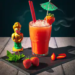 Une image de Le Fraisier Tropical: le cocktail qui te fera sentir comme si tu étais sur une plage paradisiaque - image générée par IA (DALL-E)